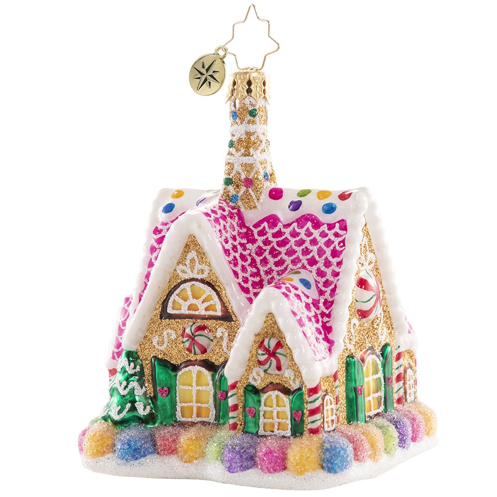 Back - Ornament Description - A Delectable Dwelling Gem: Goody goody gumdrops! Adorned with sweetness on all sides, this itty-bitty gingerbread cottage is total candy-covered confection perfection.
