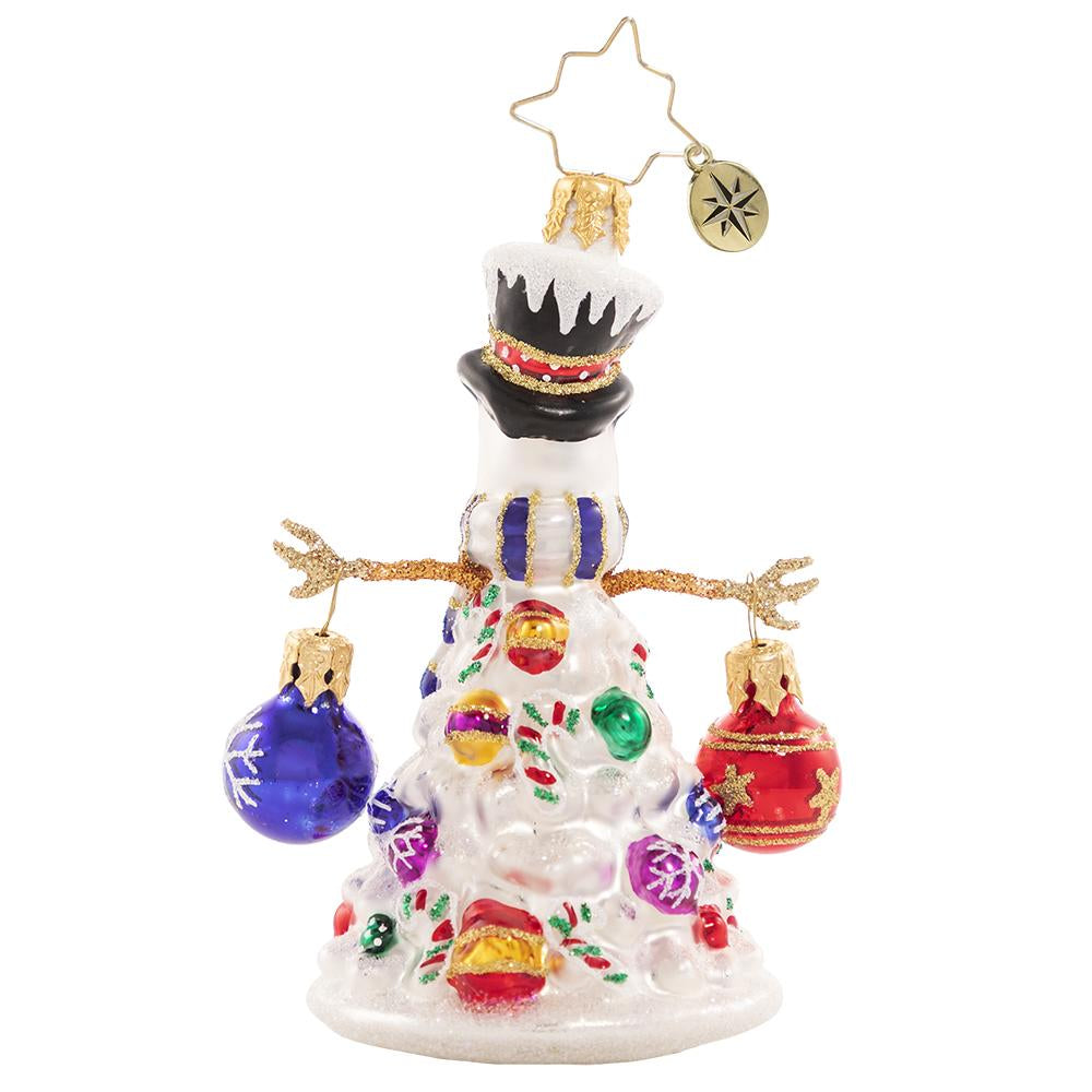 Back - Ornament Description - Quite a Lively Tree Gem: Who needs a tree? Not our snowman friend, that is for sure! He is decked out for the season in his Christmas best, with arms outstretched for frosty holiday hugs!