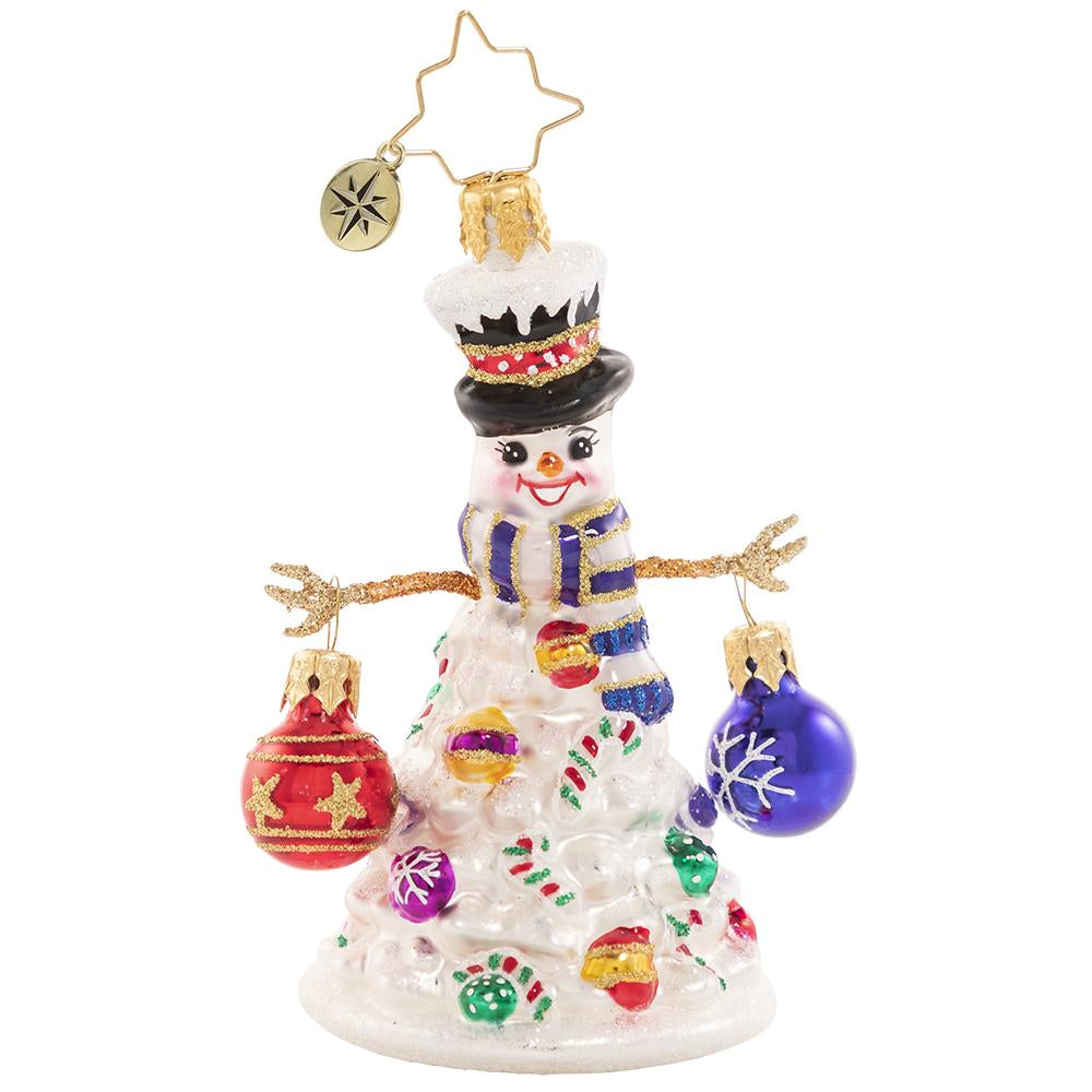 Front - Ornament Description - Quite a Lively Tree Gem: Who needs a tree? Not our snowman friend, that is for sure! He is decked out for the season in his Christmas best, with arms outstretched for frosty holiday hugs!