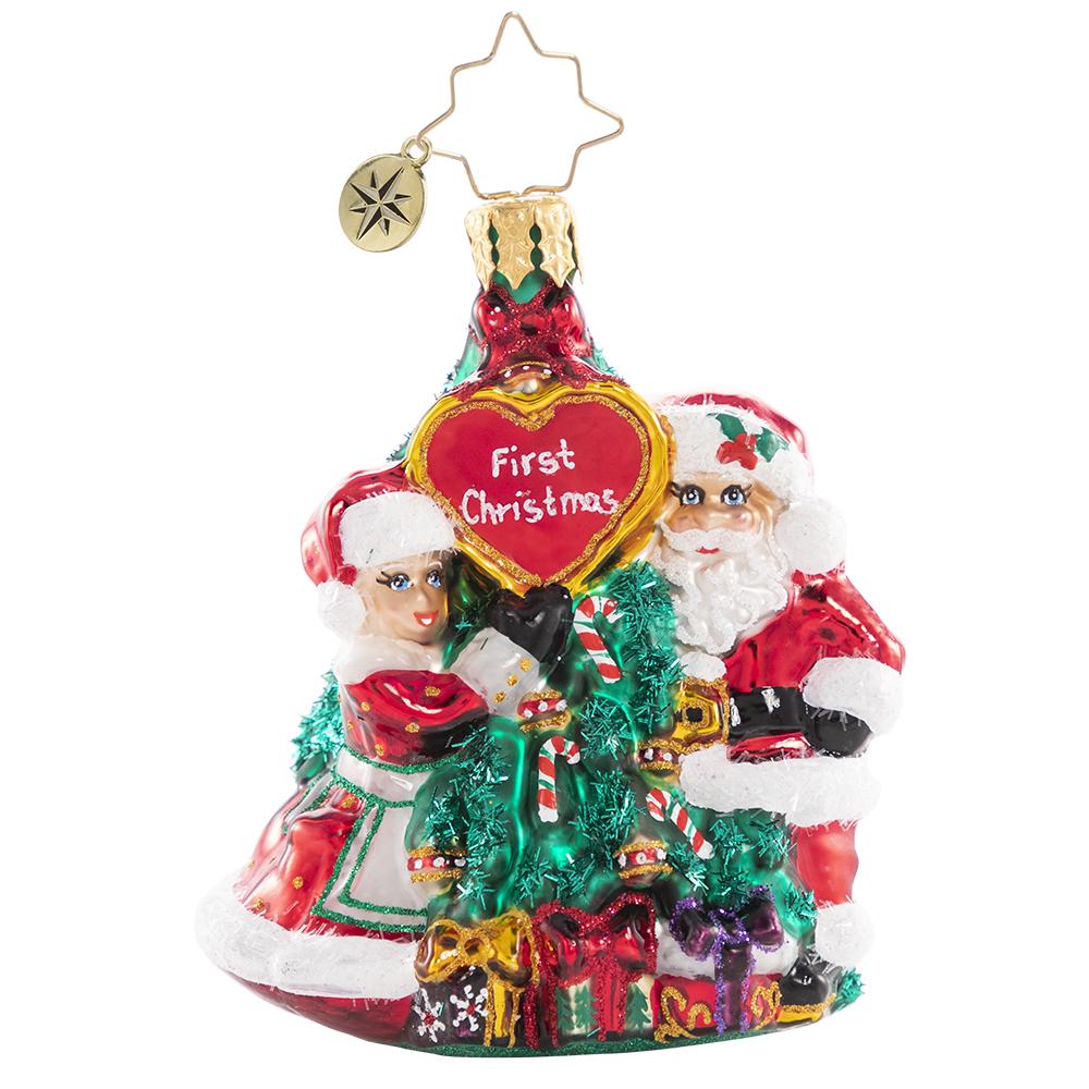 Front - Ornament Description - The First Of Many Christmases Gem: It is a match made in holiday heaven! Wishing these little lovebirds the world as they celebrate their first Christmas together.