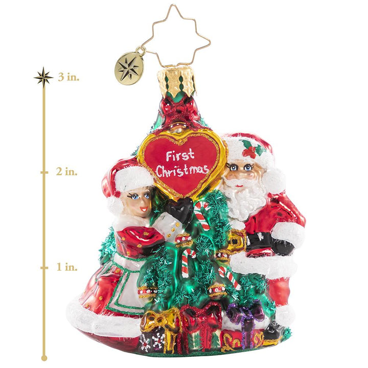 Ornament Description - The First Of Many Christmases Gem: It is a match made in holiday heaven! Wishing these little lovebirds the world as they celebrate their first Christmas together. This photo shows the ornament is about 3 inches tall. 