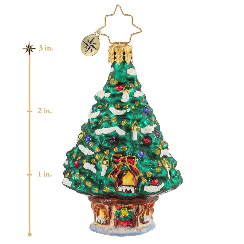 Ornament Description - World's Best Treehouse! Gem: Oh Christmas tree, oh Christmas tree... This delightful little dwelling is fit for holiday royalty! This photo shows the ornament is about 3 inches tall. 