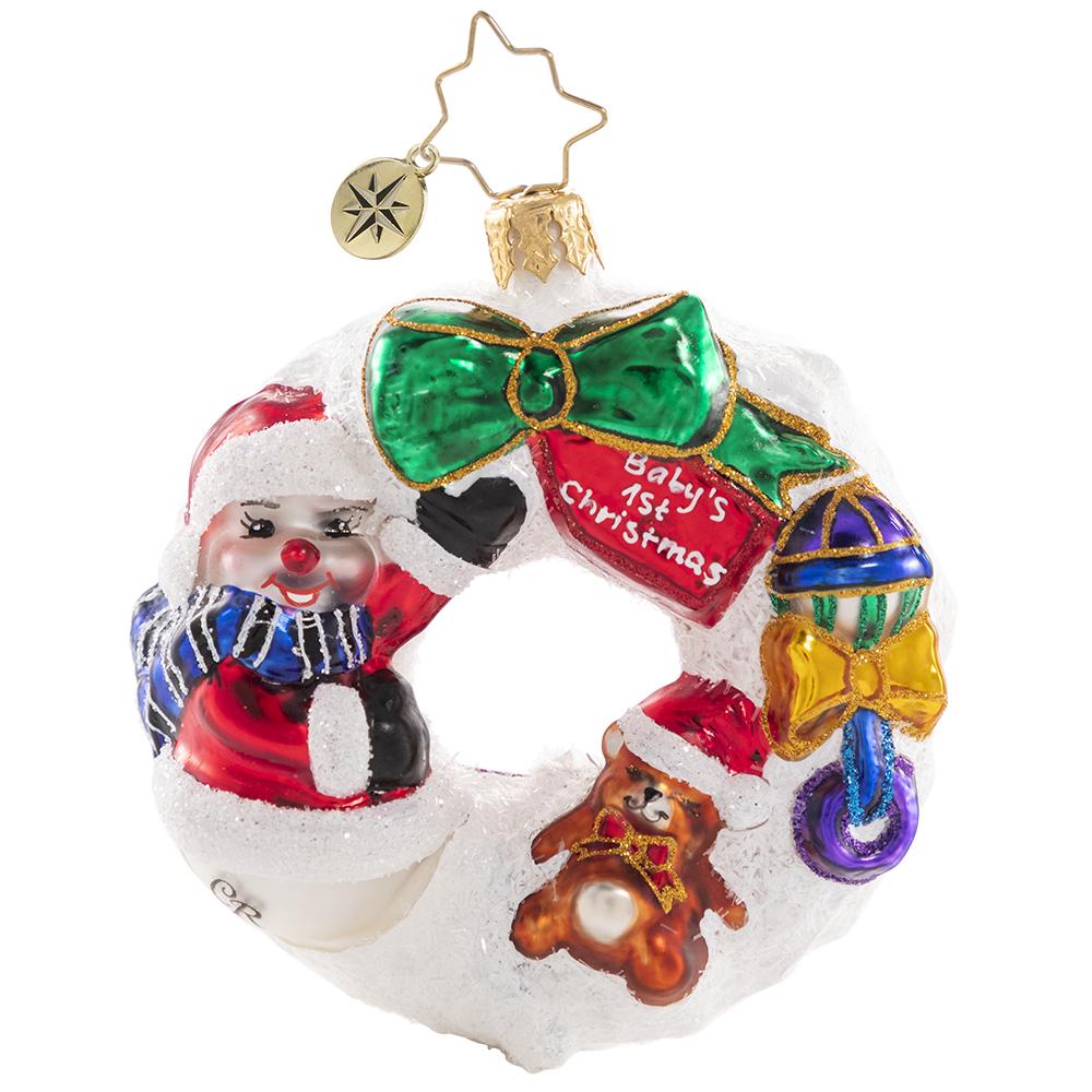 Front - Ornament Description - What Wonders Await Wreath Gem: A baby makes days shorter, nights longer, a home happier, and love stronger. The best is yet to come! Dedicate your newest arrival with this wee wreath of wonders!
