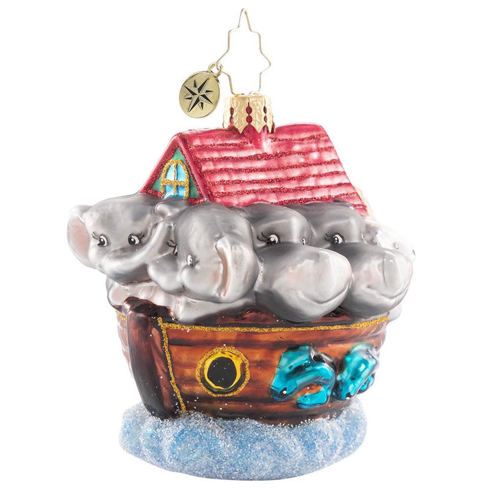 Back - Ornament Description - Boarding Two by Two Gem: Lions, tigers, and bears -- oh my! Santa is sailing into this holiday season on an ark packed shoulder-to-shoulder with pairs of all his animal friends.