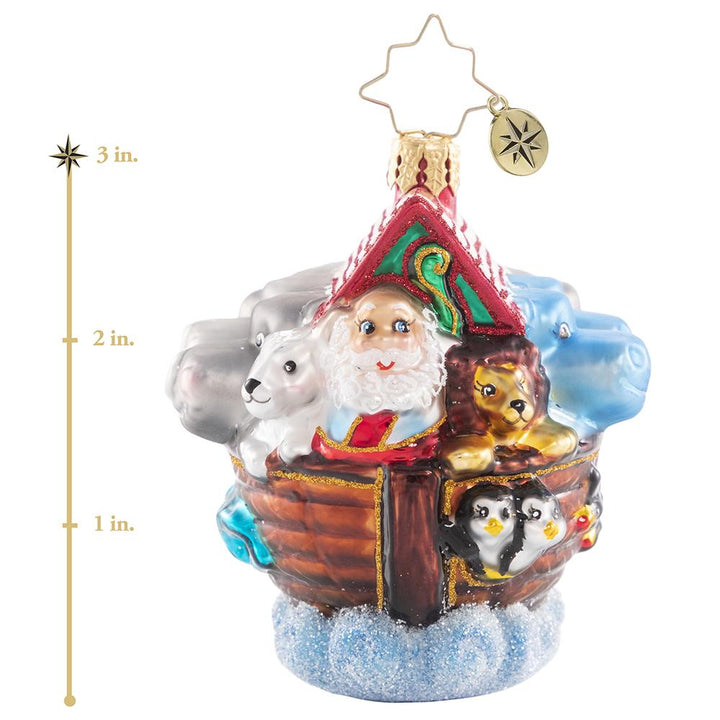 Ornament Description - Boarding Two by Two Gem: Lions, tigers, and bears -- oh my! Santa is sailing into this holiday season on an ark packed shoulder-to-shoulder with pairs of all his animal friends. This photo shows the ornament is about 3 inches tall.