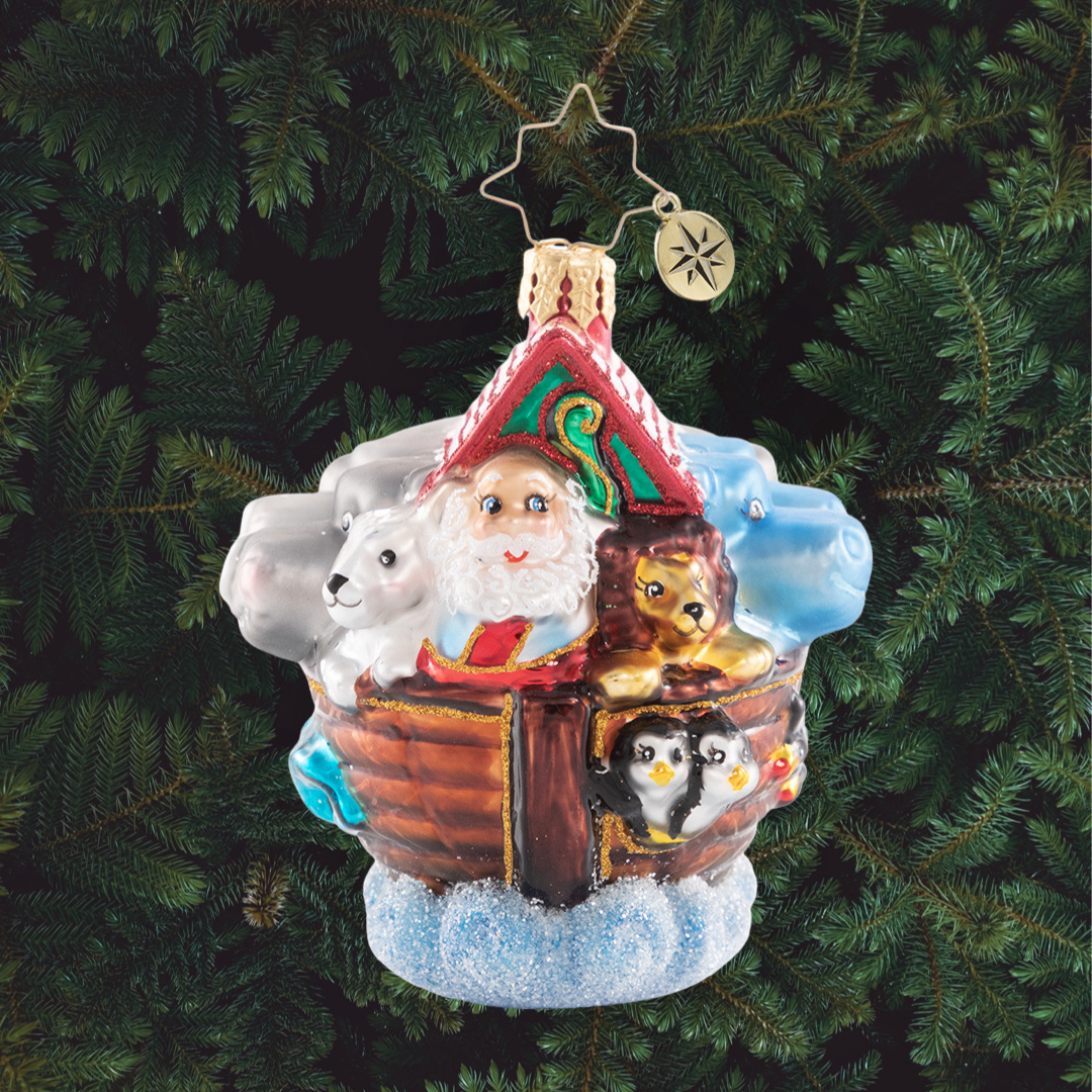 Ornament Description - Boarding Two by Two Gem: Lions, tigers, and bears -- oh my! Santa is sailing into this holiday season on an ark packed shoulder-to-shoulder with pairs of all his animal friends.