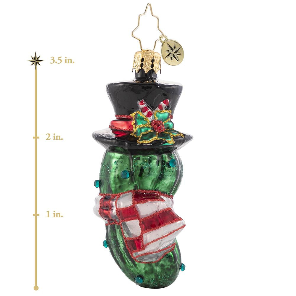 Ornament Description - The Christmas Pickle Gem: Ah, the mysterious Christmas pickleâ€¦this fermented fella is as sweet as he is sour. They say it is good luck to find him hidden in your tree! Who is getting lucky this year? This photo shows the ornament is about 3.5 inches tall. 