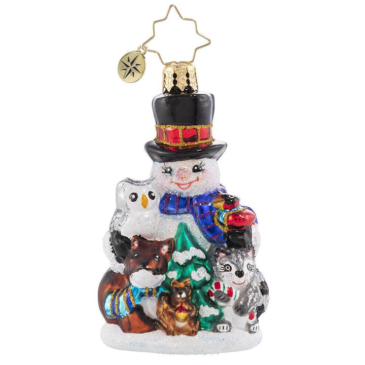 Front - Ornament Description - Friends of the Forest Gem: This sweet little snowman knows better than anyone that time spent in a snowy forest is the dreamiest way to get close to nature. He and his woodland friends are snuggled up for the season!