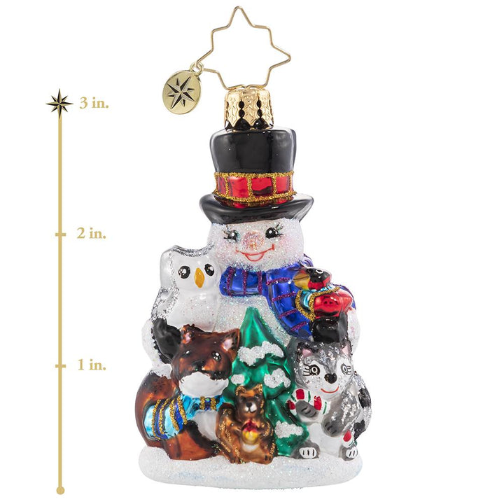 Ornament Description - Friends of the Forest Gem: This sweet little snowman knows better than anyone that time spent in a snowy forest is the dreamiest way to get close to nature. He and his woodland friends are snuggled up for the season! This photo shows the ornament is about 3 inches tall. 