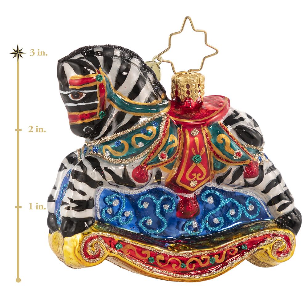Ornament Description - Rocking In Stripes Gem: Black with white stripes, or white with black stripes? Whatever side you are on, it is clear this beauty is more than your average rocking horse! This photo shows the ornament is about 3 inches tall. 