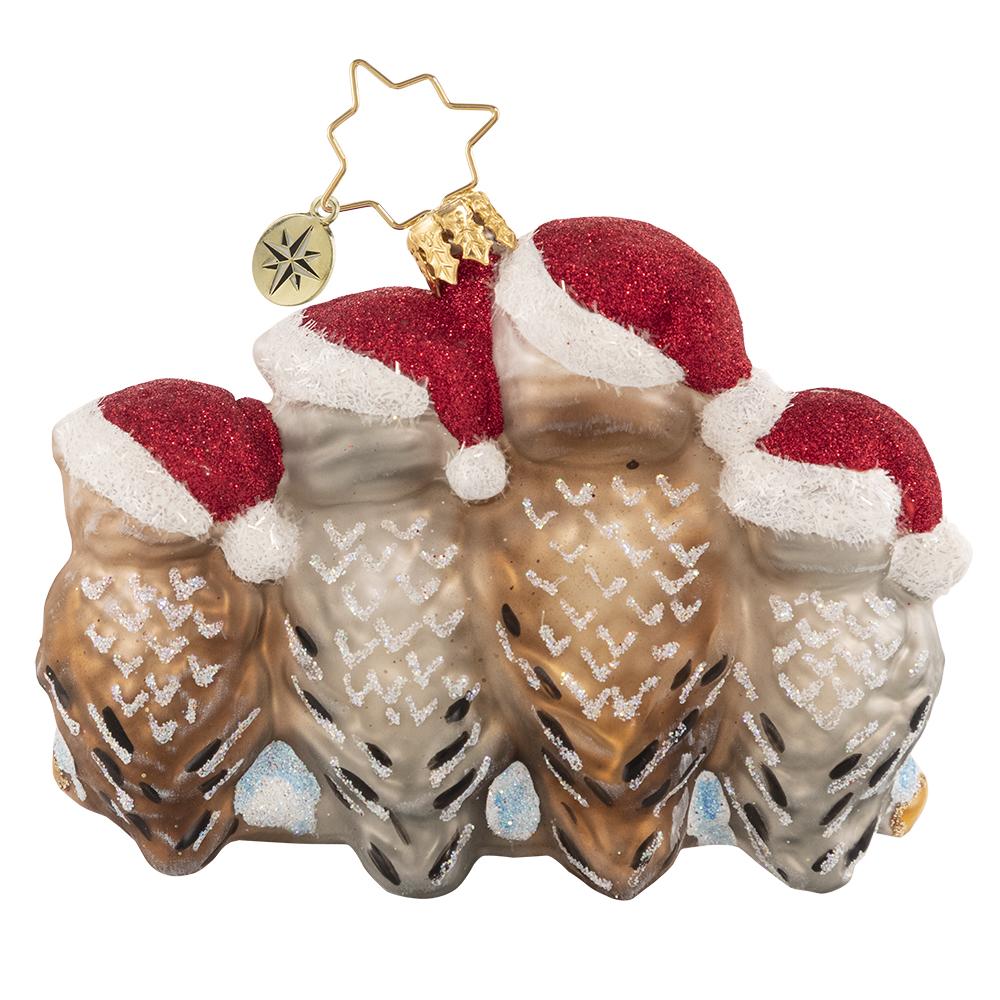 Back - Ornament Description - It's Owl in The Family Gem: Happy hoo-lidays! This festive feathered family is cozied up to keep warm on a snowy winter's day.