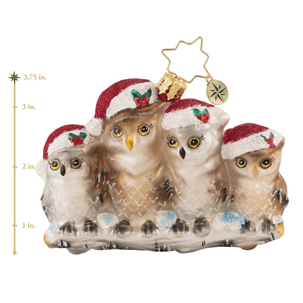 Ornament Description - It's Owl in The Family Gem: Happy hoo-lidays! This festive feathered family is cozied up to keep warm on a snowy winter's day. This photo shows the ornament is about 3.75 inches tall. 