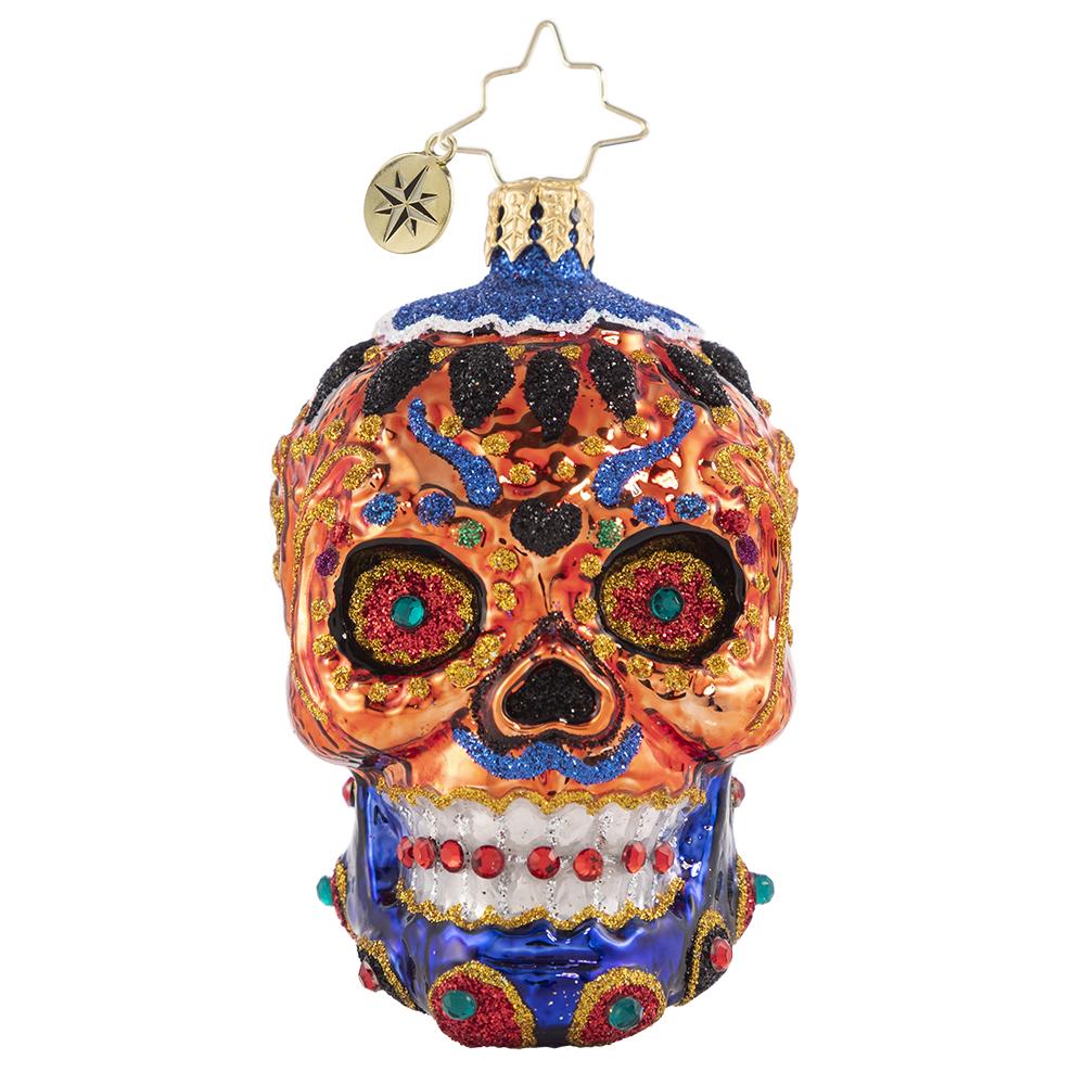 Front - Ornament Description - Color Calavera Gem: This itty bitty sugar skull knows how to stand out from the crowd. Adorned with jewels and sparkle he makes his culture proud!
