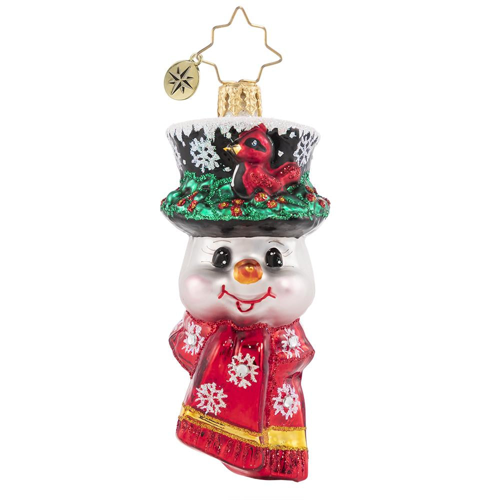 Ornament Description - A Snowman Worth Flocking to Gem: This jolly little snowman has made a feathered friend! A cheerful red cardinal has made himself right at home in Frosty's cap.