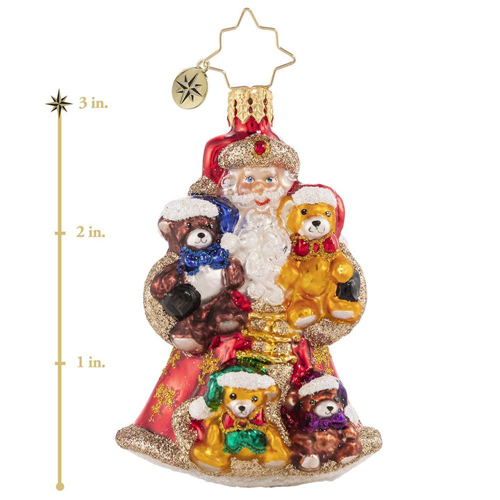 Ornament Description - Flush With Plush Gem: We wish you a beary Christmas! Santa cradles his treasured teddy collection and is ready for a serious holiday hug-fest! This photo shows the ornament is about 3 inches tall. 