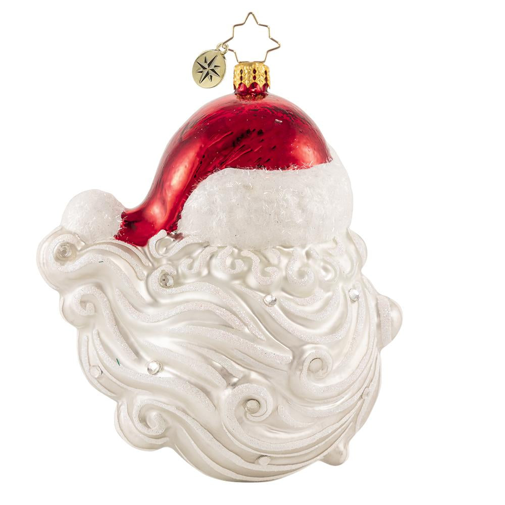Back - Ornament Description - Jolly With a Dash of Holly: Hello Handsome! From the snow-white beard to his rosy cheeks and twinkling blue eyes, Santa sure is looking his best this year!