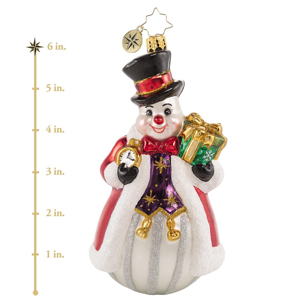 Ornament Description - Counting the Minutes 'Til Christmas: It is the most wonderful time of the year! Frosty holds his trusty timepiece and keeps "watch" over all the North Pole holiday preparations. He just cannot wait for the big day! This photo shows the ornament is about 6 inches tall.
