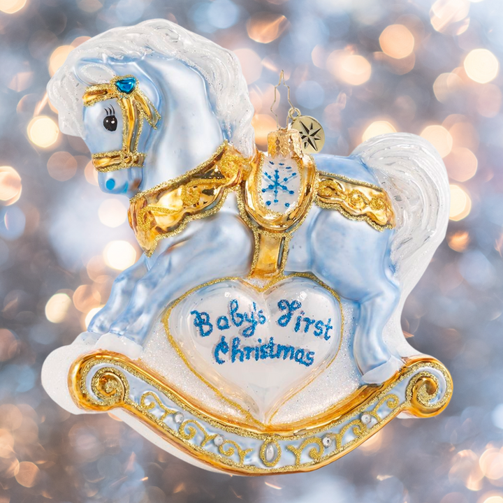 Ornament Description - Baby's First Christmas Foal: It is a precious gift, a bundle of joy -- a darling bouncing baby boy! Commemorate your new arrival with this keepsake rocking horse in baby blue.