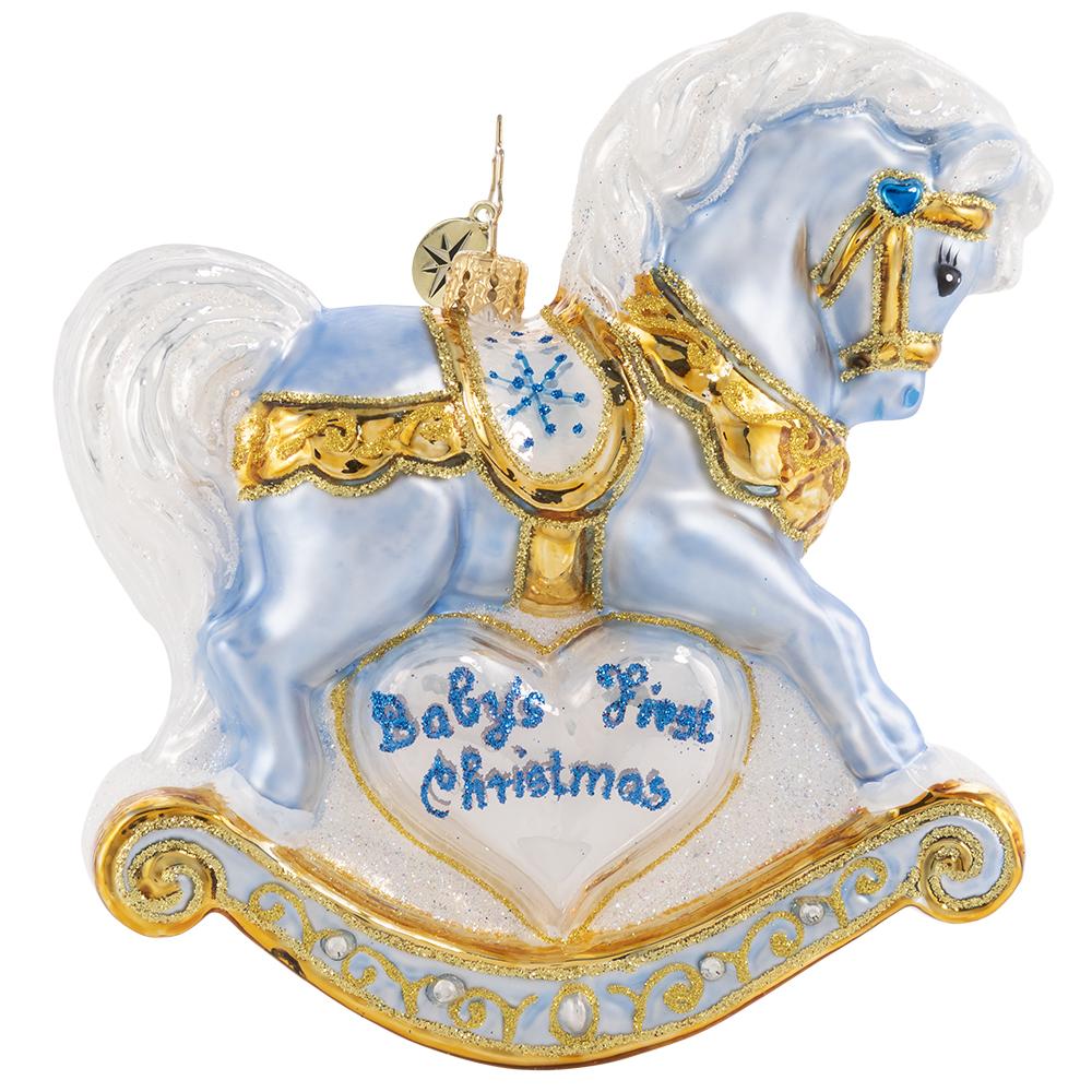 Back - Ornament Description - Baby's First Christmas Foal: It is a precious gift, a bundle of joy -- a darling bouncing baby boy! Commemorate your new arrival with this keepsake rocking horse in baby blue.
