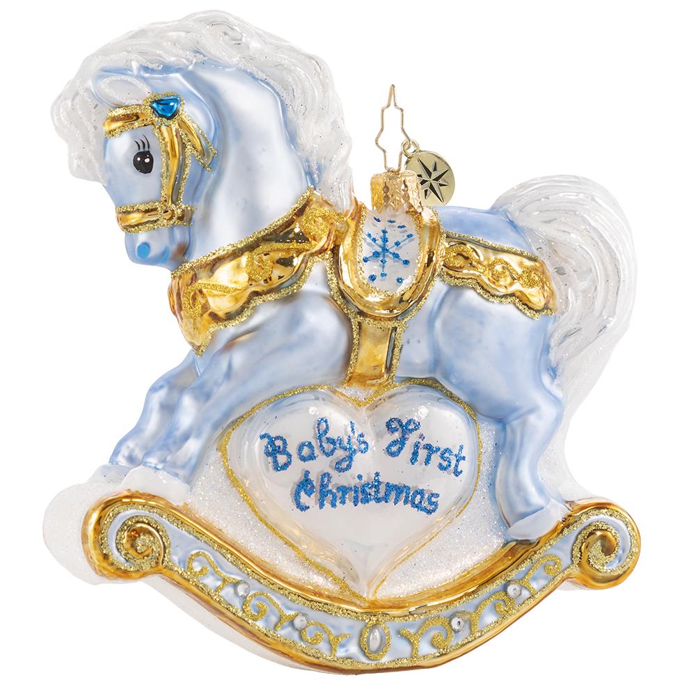 Ornament Description - Baby's First Christmas Foal: It is a precious gift, a bundle of joy -- a darling bouncing baby boy! Commemorate your new arrival with this keepsake rocking horse in baby blue.