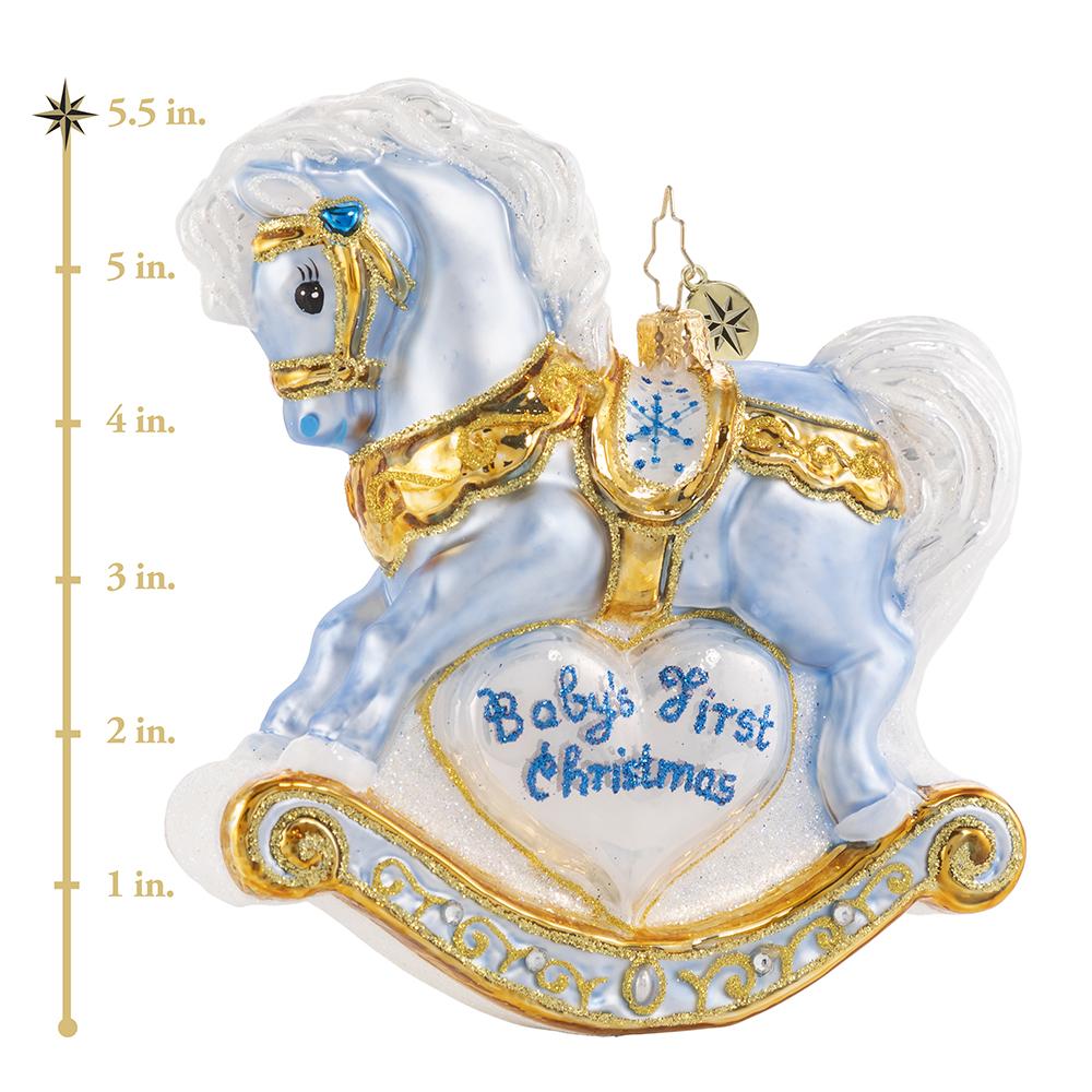 Ornament Description - Baby's First Christmas Foal: It is a precious gift, a bundle of joy -- a darling bouncing baby boy! Commemorate your new arrival with this keepsake rocking horse in baby blue. This photo shows the ornament is about 5.5 inches tall.