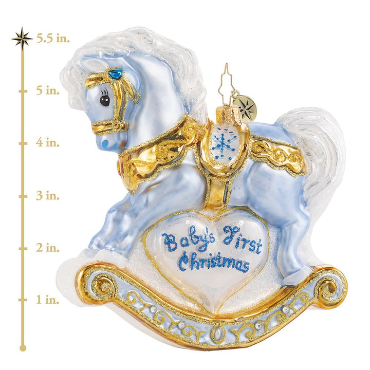 Ornament Description - Baby's First Christmas Foal: It is a precious gift, a bundle of joy -- a darling bouncing baby boy! Commemorate your new arrival with this keepsake rocking horse in baby blue. This photo shows the ornament is about 5.5 inches tall.