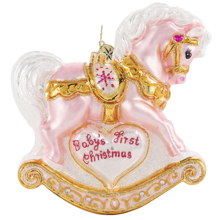 Back - Ornament Description - Baby's First Christmas Filly: A gift more precious than rubies or pearls -- a sweet little beautiful baby girl! Commemorate your new arrival with this keepsake rocking horse in powder pink.