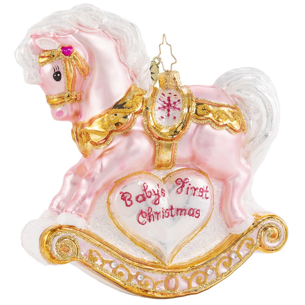 Ornament Description - Baby's First Christmas Filly: A gift more precious than rubies or pearls -- a sweet little beautiful baby girl! Commemorate your new arrival with this keepsake rocking horse in powder pink.