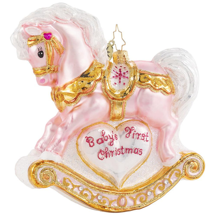 Ornament Description - Baby's First Christmas Filly: A gift more precious than rubies or pearls -- a sweet little beautiful baby girl! Commemorate your new arrival with this keepsake rocking horse in powder pink.