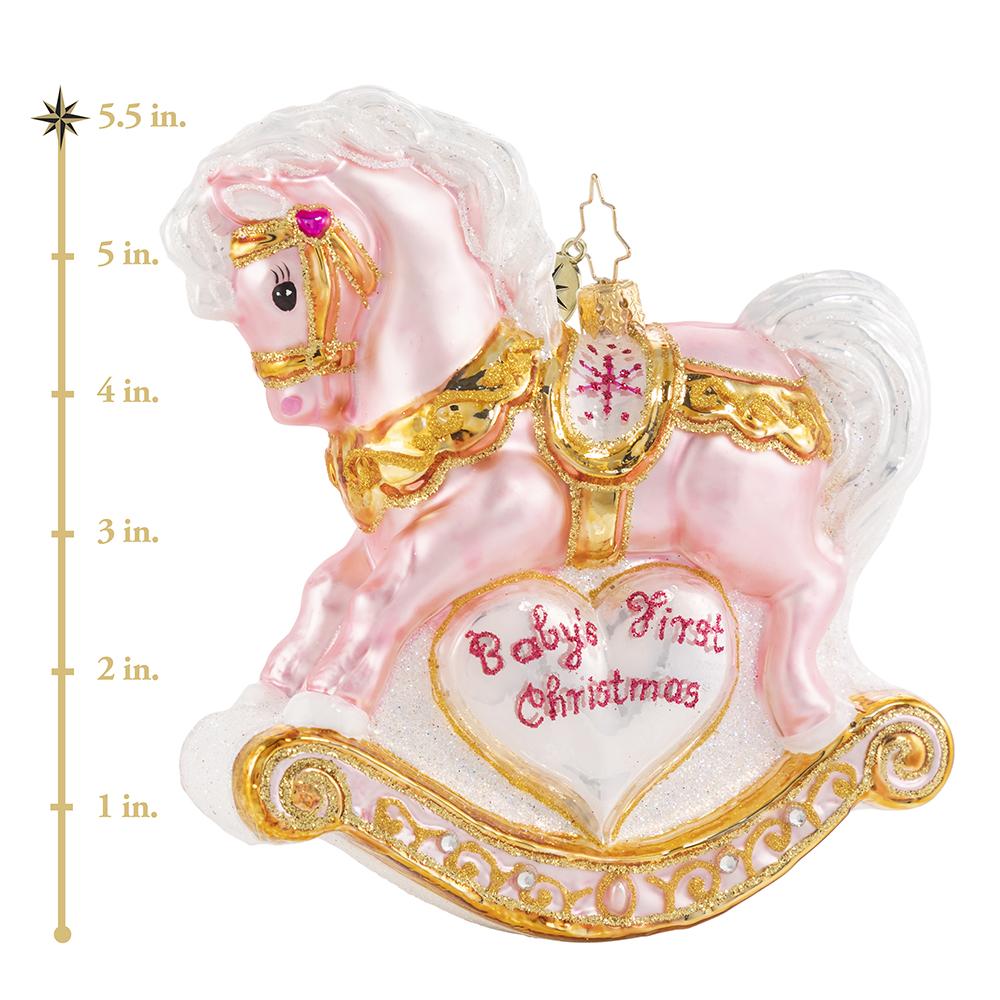 Ornament Description - Baby's First Christmas Filly: A gift more precious than rubies or pearls -- a sweet little beautiful baby girl! Commemorate your new arrival with this keepsake rocking horse in powder pink. This photo shows the ornament is about 5.5 inches tall.