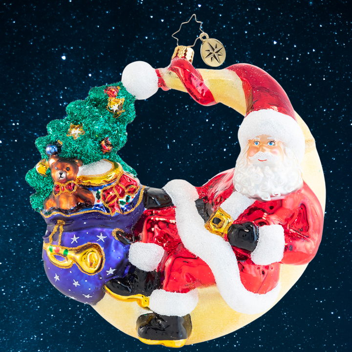Ornament Description - Over the Moon for Christman: Who knew that the man in the moon is actually Saint Nick himself? Santa takes a lunar lounge break on this festive crescent moon and enjoys the view from above.