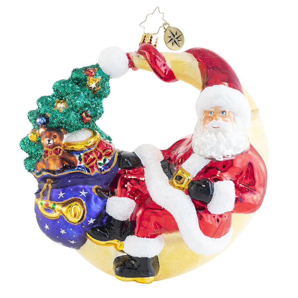Front - Ornament Description - Over the Moon for Christman: Who knew that the man in the moon is actually Saint Nick himself? Santa takes a lunar lounge break on this festive crescent moon and enjoys the view from above.