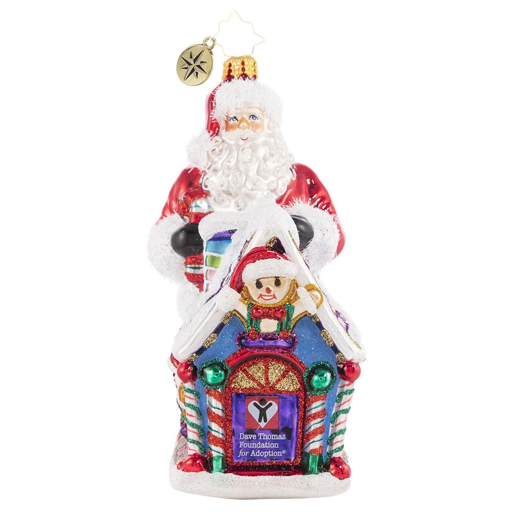 Front - Ornament Description - Dave Thomas Adoption 2021: Santa's Christmas wish is for every child to have a home for the holidays, and a family to share the joy of the season with. Together we can help make that dream a reality! A percentage of the sales from this special ornament will benefit the Dave Thomas Foundation for Adoption.