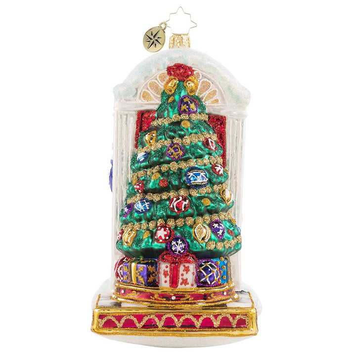 Back - Ornament Description - Knock, Knock... Santa Is Here!: When there is no chimney, use the front door! A stunning Christmas tree awaits Santa just across the threshold of this holiday home.