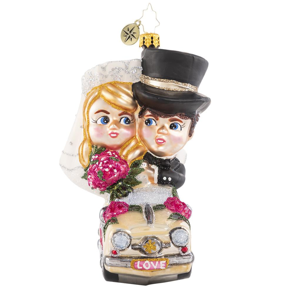 Front - Ornament Description - Riding Merrily in Matrimony: Just Married! These newlyweds are off to their honeymoon in style--we send out best wishes to the new Mr. and Mrs.!