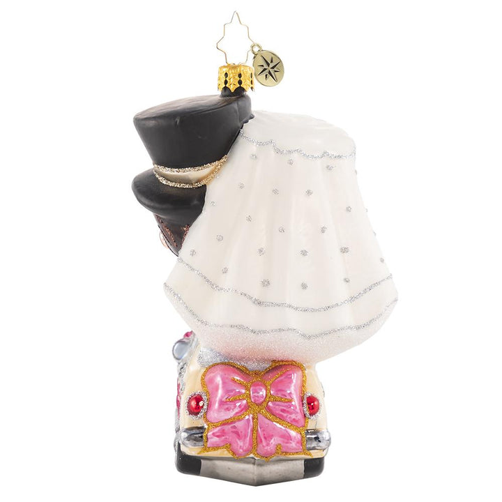 Back - Ornament Description - Riding Merrily in Matrimony: Just Married! These newlyweds are off to their honeymoon in style--we send out best wishes to the new Mr. and Mrs.! 