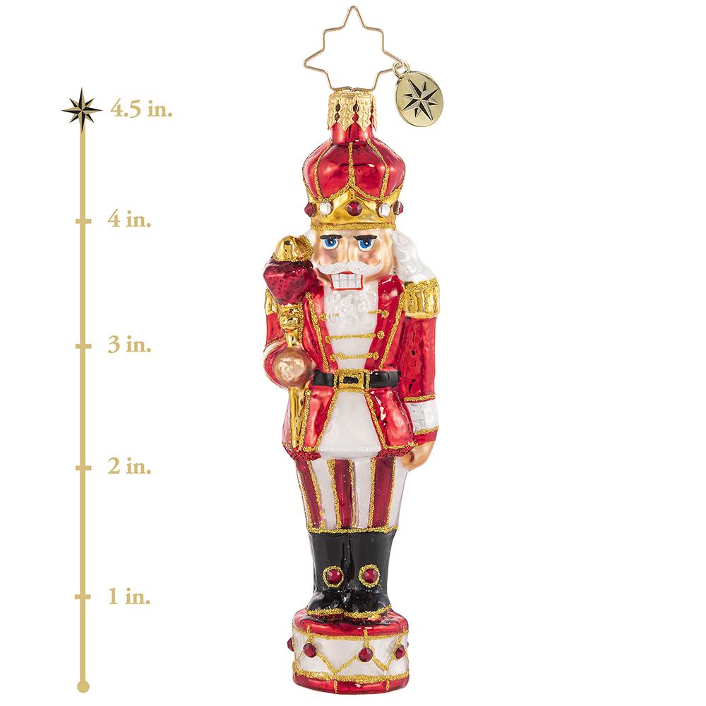 Ornament Description - Drumming Up Delight: No Christmas drumline is complete without its star player! This Major is ready and eager to get "cracking" on this year's practice. This photo shows the ornament is about 4.5 inches tall. 