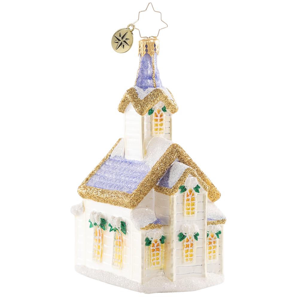 Back - Ornament Description - Peaceful Place of Prayers: Snow begins to fall just as the village church opens its doors for Christmas Eve service. Family and friends gather for prayer and celebration of the season-- it may be snowing outside, but inside this tiny chapel it is warm in more ways than one.