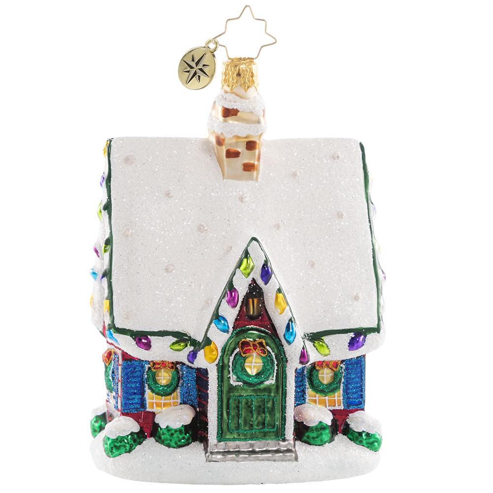Ornament Description - Adorably Adorned Cottage: The glow through the windows of this cute cottage is enough to make anyone feel at home. We cannot wait to get inside and warm up!