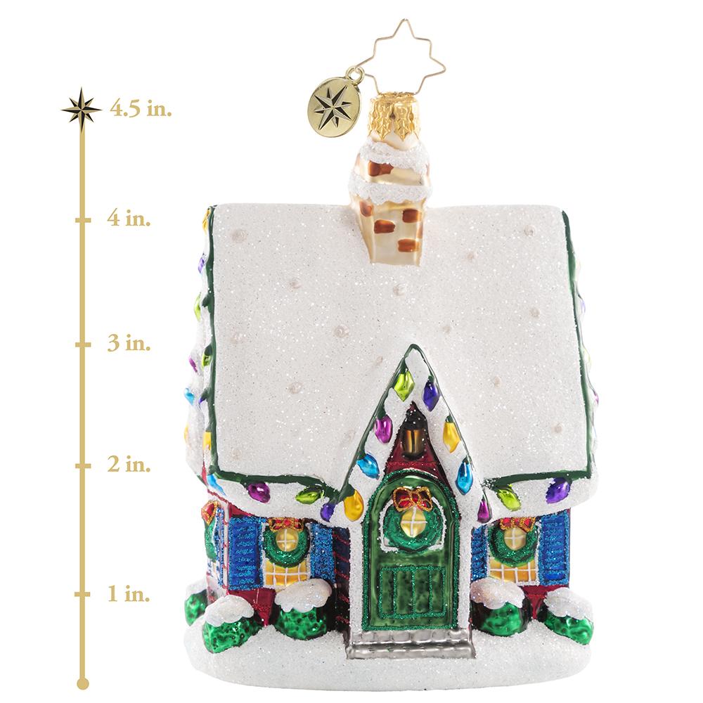 Ornament Description - Adorably Adorned Cottage: The glow through the windows of this cute cottage is enough to make anyone feel at home. We cannot wait to get inside and warm up! This photo shows the ornament is about 4.5 inches tall. 