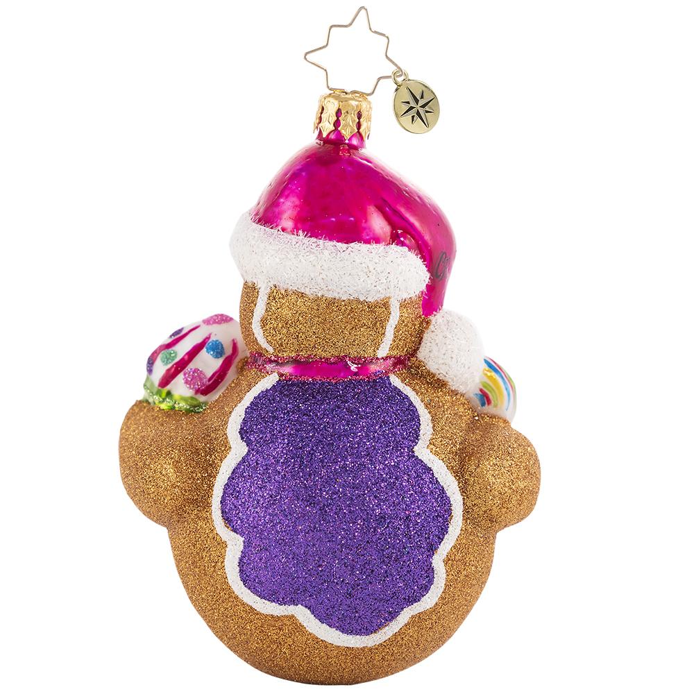 Back - Ornament Description - Roly-Poly Treat Tester: Cupcakes and lollies and peppermints, oh my! This gingerbread man knows there is no such thing as too many sweets.