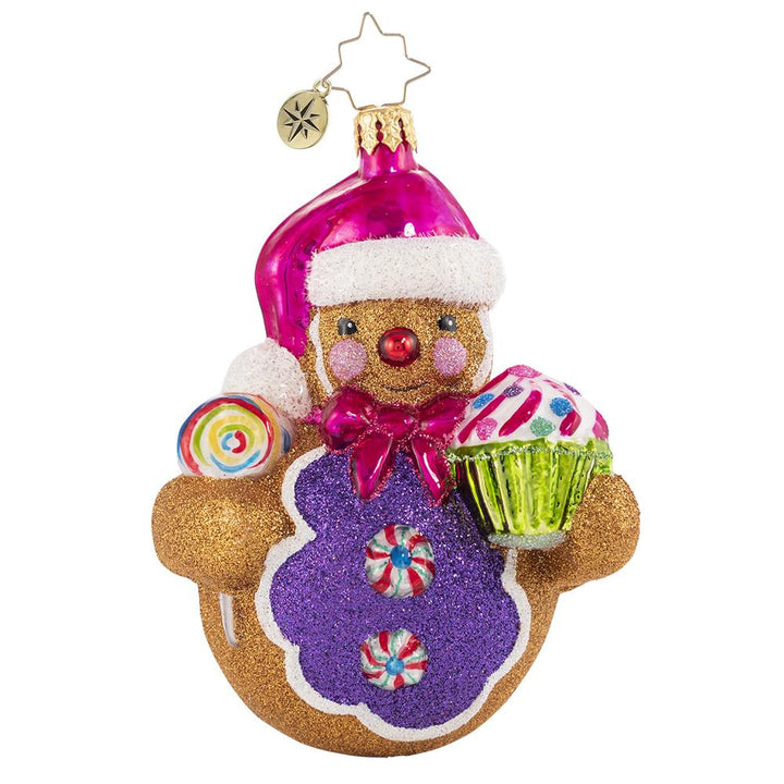 Front - Ornament Description - Roly-Poly Treat Tester: Cupcakes and lollies and peppermints, oh my! This gingerbread man knows there is no such thing as too many sweets.