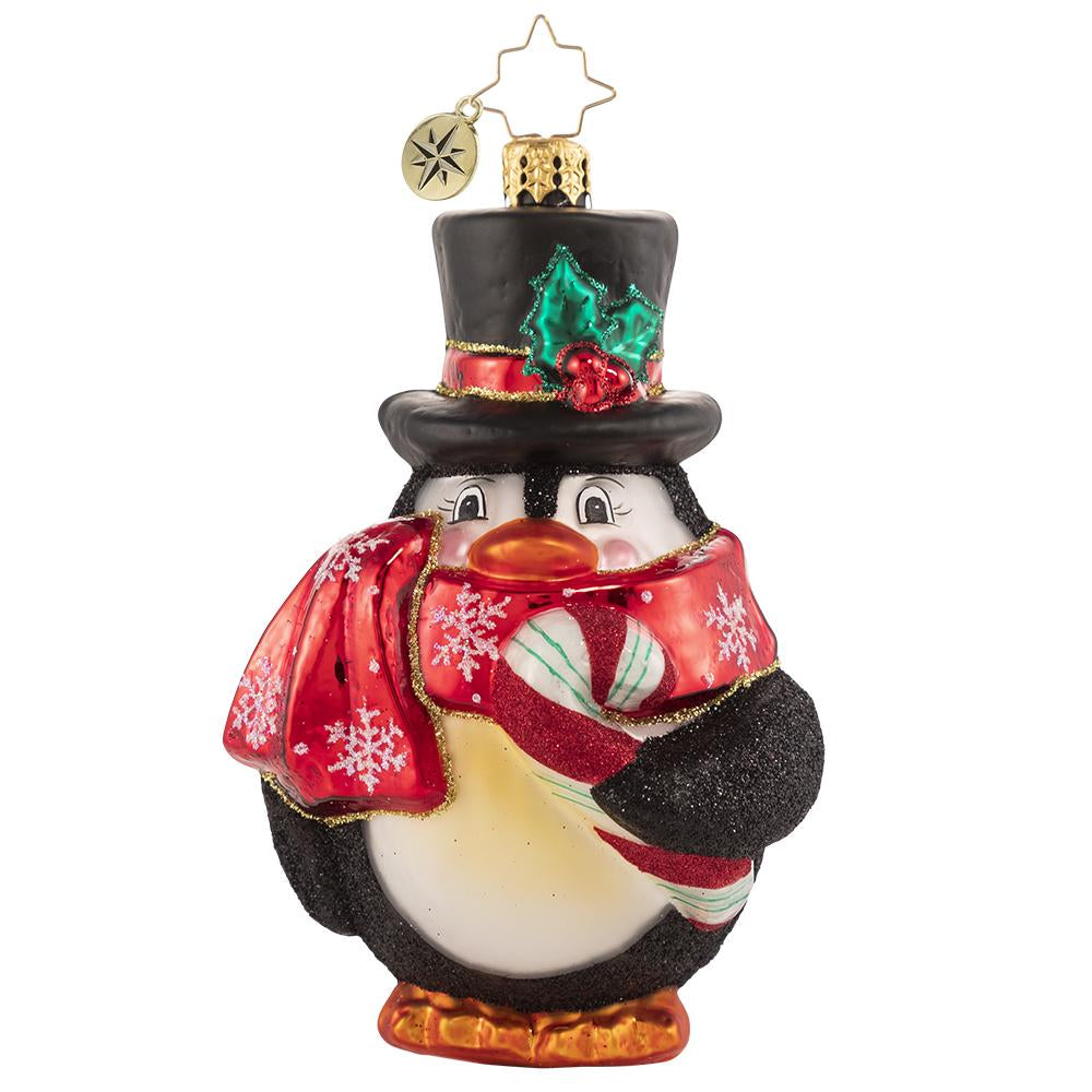 Front - Ornament Description - Flightless Yet Fashionable: He may not be able to fly, but this bird sure has style! Mr. Penguin waddles into our hearts in his festive scarf and top hat, snacking on his favorite tasty treat!