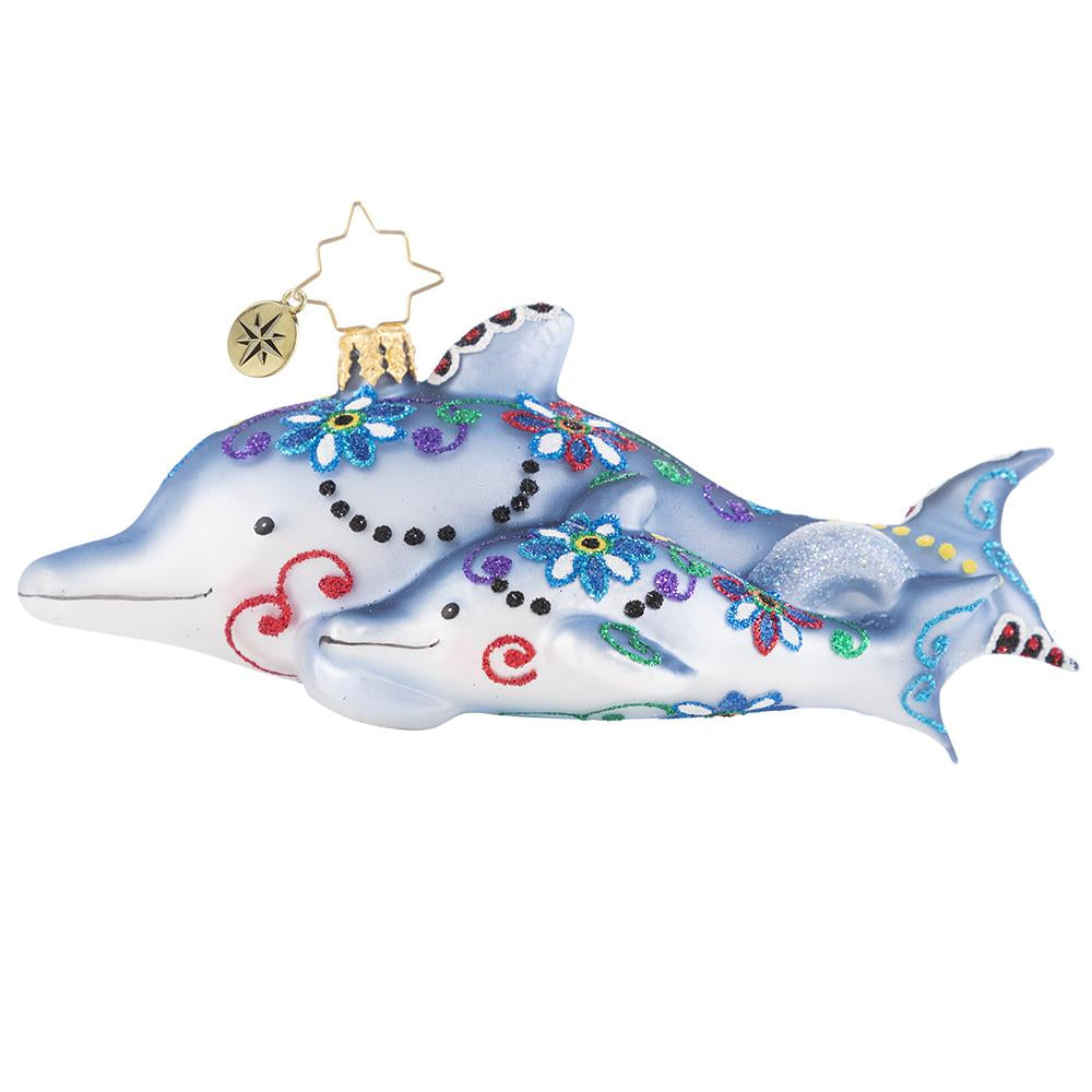 Front - Ornament Description - Swimming Through Florals: This pair of playful dolphins has been gussied up in their finest festive florals of the season. Now they are off to play in the waves!
