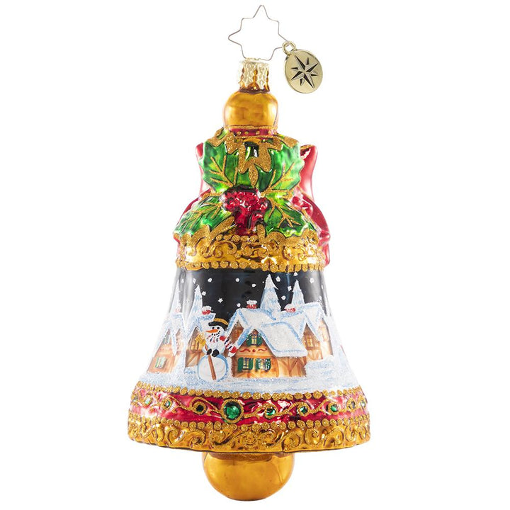 Back - Ornament Description - Sounds of A Fanciful Christmas: Ding dong, ding dong! Ring in the season with this glittering golden bell featuring a snowy Christmas scene.