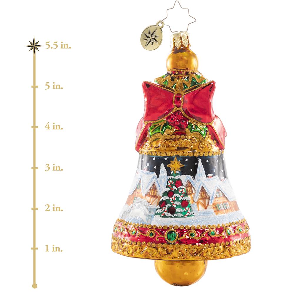 Ornament Description - Sounds of A Fanciful Christmas: Ding dong, ding dong! Ring in the season with this glittering golden bell featuring a snowy Christmas scene. This photo shows the ornament is about 5.5 inches tall. 