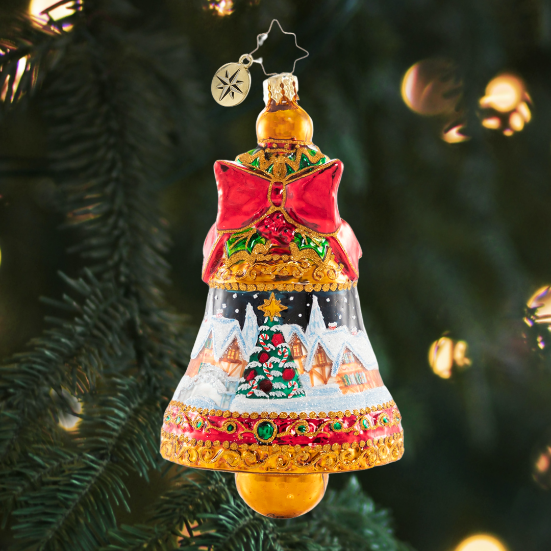Ornament Description - Sounds of A Fanciful Christmas: Ding dong, ding dong! Ring in the season with this glittering golden bell featuring a snowy Christmas scene.
