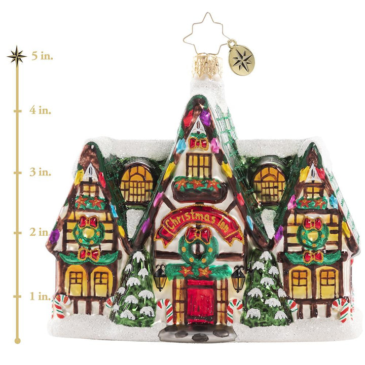 Ornament Description - Happy Holiday Memories: It is Christmas time in the city and in this tiny town! The little shops are decorated for Christmas and are bursting with holiday cheer. Do not forget to shop small this holiday! This photo shows the ornament is about 5 inches tall.
