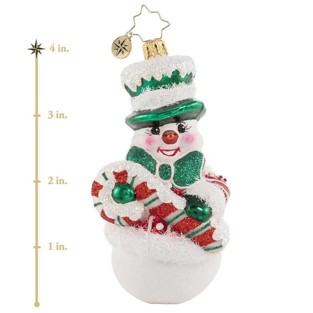 Ornament Department - Candy Cane Entertainer: Encore! This cheeky, cheery chum is here to keep a smile on your face and Christmas magic in your heart all season long. He will do anything for a belly laugh! This photo shows the ornament is about 4 inches tall.