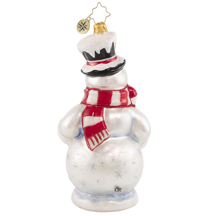 Back - Ornament Description - Darling Christmas Decorator: Deck the halls! Wreath in hand, this sweet snowman is always first to volunteer for holiday decorating duty.